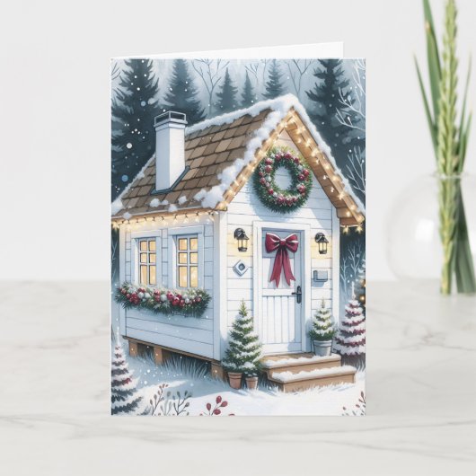Schattigee Feestelijke Witte Tiny Home Christmas Feestdagen Kaart (Voorkant)