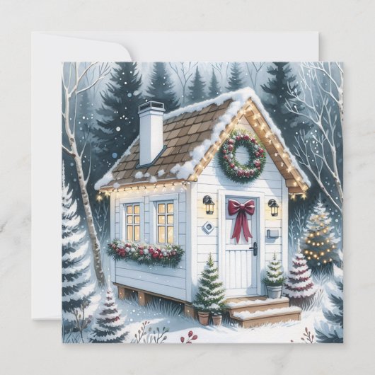 Schattigee Feestelijke Witte Tiny Home Christmas Feestdagenkaart (Voorkant)