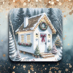 Schattigee Feestelijke Witte Tiny Home Christmas Vierkante Sticker<br><div class="desc">Persoonlijke Kerst stickers. Schattigee kleine witte feestelijke kleine huis op een besneeuwde winterdag ingericht in leuke kerstslinger,  kransen en lichten.</div>