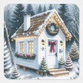 Schattigee Feestelijke Witte Tiny Home Christmas Vierkante Sticker (Voorkant)
