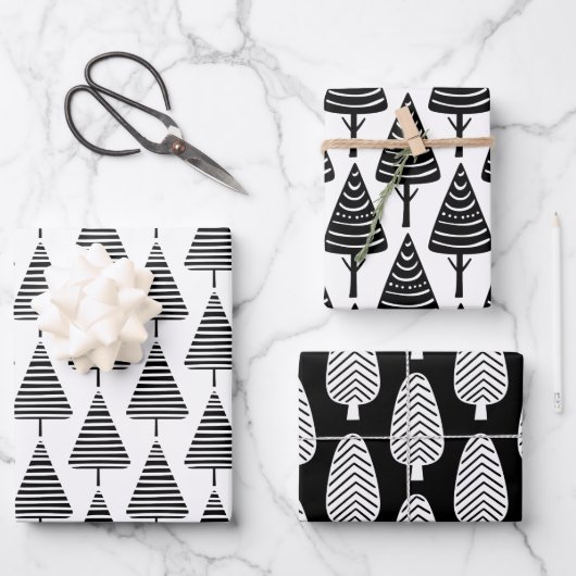 Schattigee feestelijke zwart witte kerstbomen inpakpapier vel (Voorkant)
