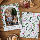 Schattigee felroze botanische groen boog 1 foto feestdagenkaart<br><div class="desc">Dit collectie is voorzien van waterverf felroze bloemblaadjes,  bessen & wintergroen met een moderne en elegante typografie,  met een winterbotanische patroonrug.</div>