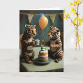 Schattigee Felted Tigers Birthday Wenskaart Kaart (Gele Bloem)