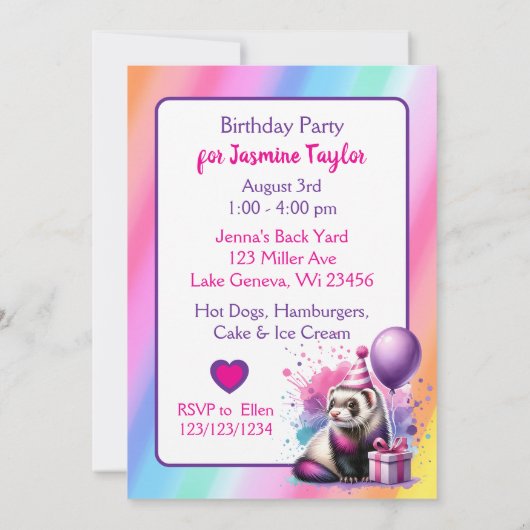 Schattigee Ferret Themd Girl's Verjaardagsfeestje Kaart (Achterkant)