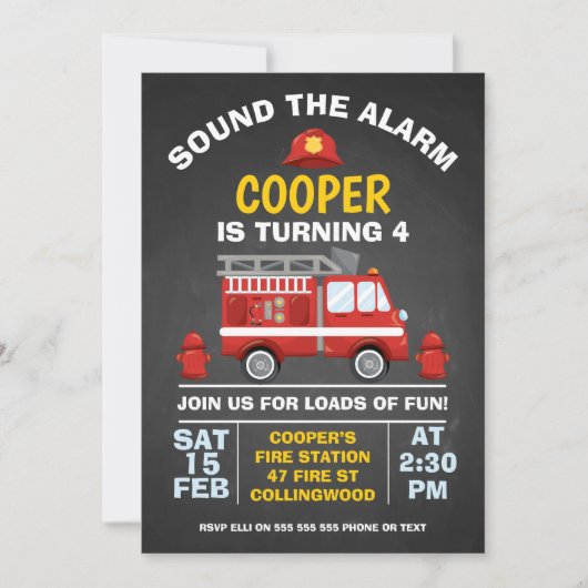 Schattigee Fire Engine Chalkboard Verjaardagsuitno Kaart (Voorkant)