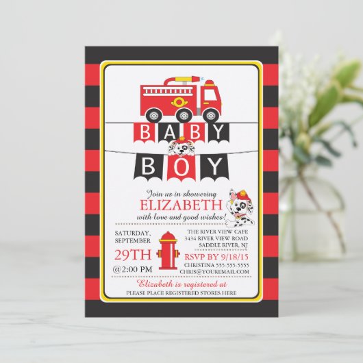 Schattigee Fire Truck Baby shower Uitnodiging (Staand voorkant)