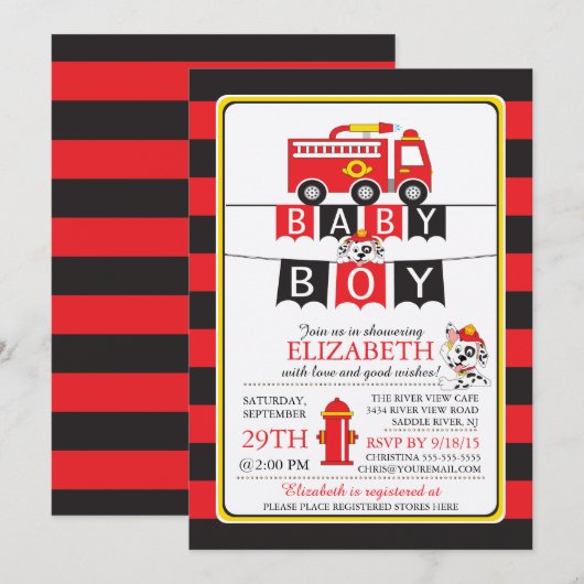 Schattigee Fire Truck Baby shower Uitnodiging (Voorkant / Achterkant)