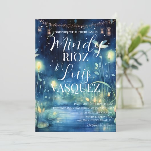 Schattigee Fireflies String Lights Huwelijksuitnod Kaart (Staand voorkant)