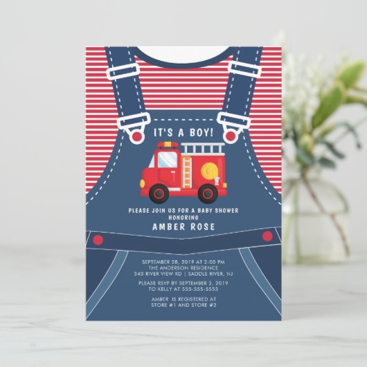 Schattigee Firetruck Baby shower Invitation Kaart (Staand voorkant)