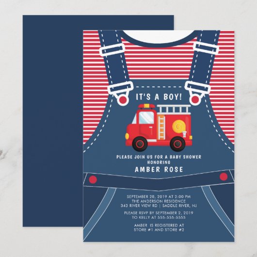 Schattigee Firetruck Baby shower Invitation Kaart (Voorkant / Achterkant)