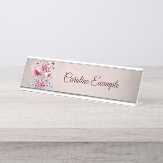 Schattigee flamingo in cartoon stijl, bureau naambordje (Voorkant)