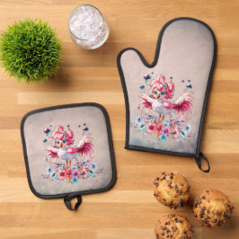 Schattigee flamingo in cartoon stijl ovenwant & pannenlap set