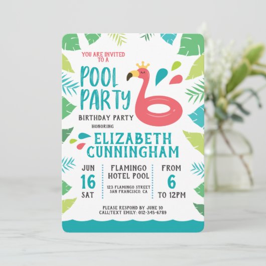 Schattigee Flamingo Tropical Pool Party Verjaardag Kaart (Staand voorkant)