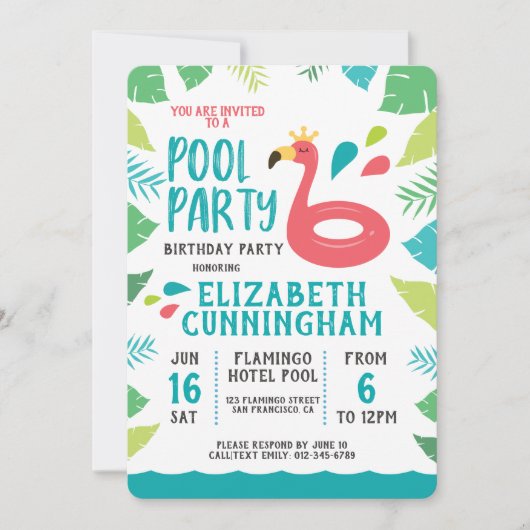 Schattigee Flamingo Tropical Pool Party Verjaardag Kaart (Voorkant)