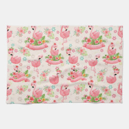 Schattigee flamingo's en tropische bloemen theedoek