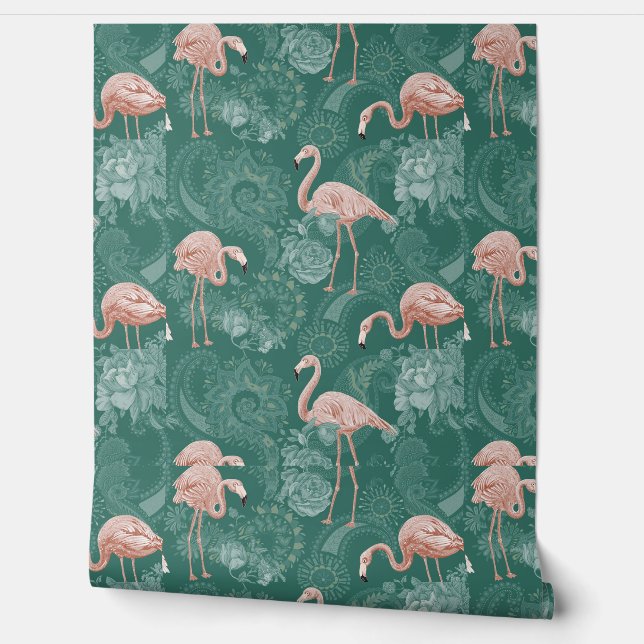 Schattigee Flamingo's Tropische Planten Bloemen Bl Behang (Afrollen)