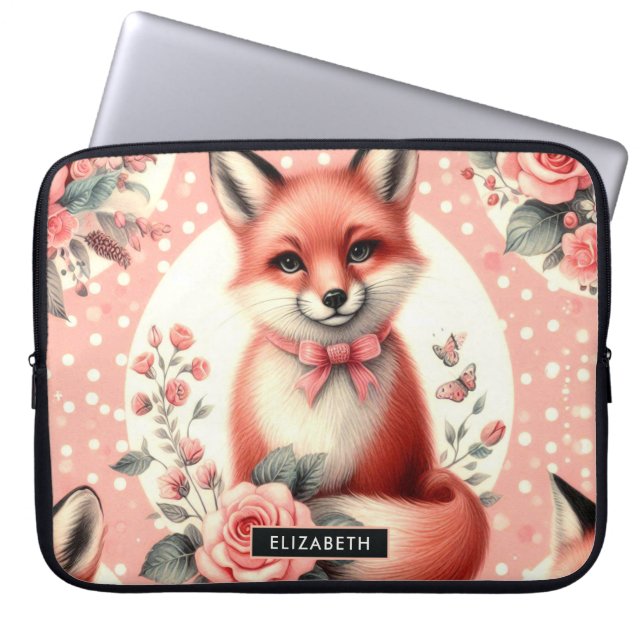 Schattigee Floral Baby Fox Laptop Sleeve (Voorkant)