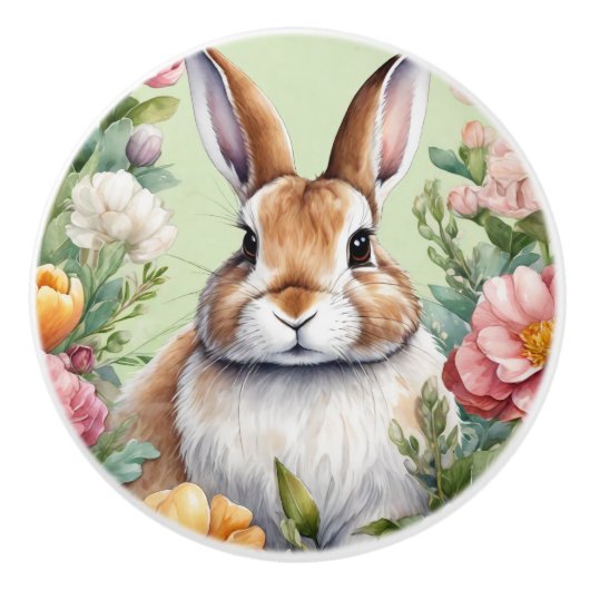 Schattigee Floral Bunny Konijn Keramische Deurknop Keramische Knop (Voorkant)