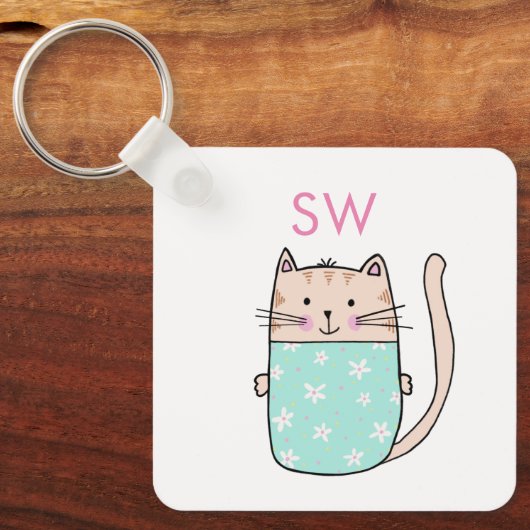 Schattigee Floral Cat Initialen Monogram Sleutelhanger (Voorkant)