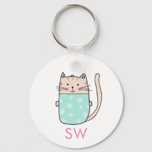 Schattigee Floral Cat Initialen Monogram Sleutelhanger
