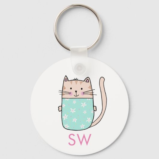 Schattigee Floral Cat Initialen Monogram Sleutelhanger (Voorkant)