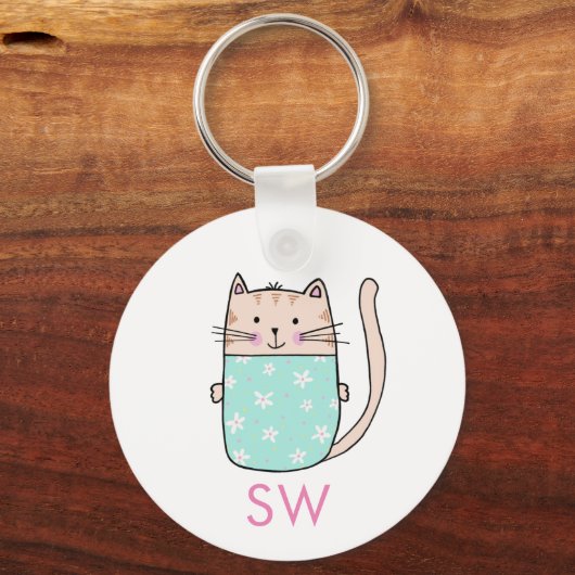 Schattigee Floral Cat Initialen Monogram Sleutelhanger (Voorkant)