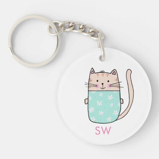 Schattigee Floral Cat Initialen Monogram Sleutelhanger (Voorkant)
