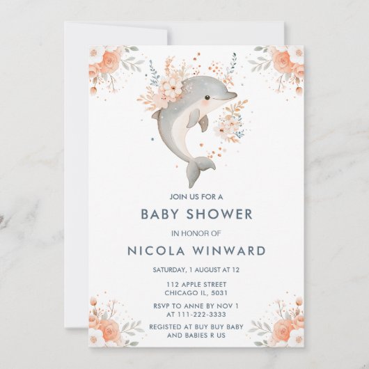 Schattigee Floral Dolphin Baby shower Kaart (Voorkant)