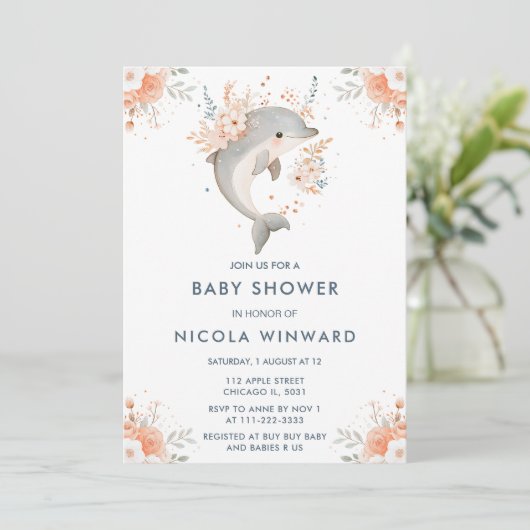 Schattigee Floral Dolphin Baby shower Kaart (Staand voorkant)