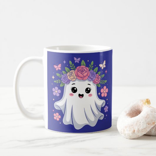 Schattigee Floral Ghost Kawaii Halloween Ghost Koffiemok (Met donut)