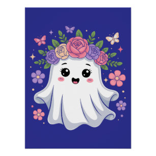 Schattigee Floral Ghost Kawaii Halloween Ghost Perfect Poster