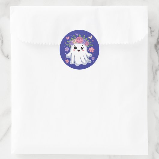 Schattigee Floral Ghost Kawaii Halloween Ghost Ronde Sticker (Tas)