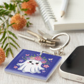 Schattigee Floral Ghost Kawaii Halloween Ghost Sleutelhanger (Voorkant Rechts)