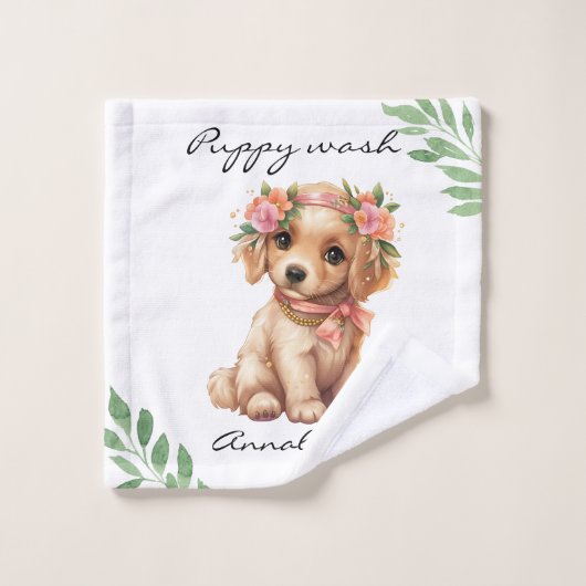 Schattigee Floral Golden Retriever Puppy Bad Handdoek (Wasdoekje)