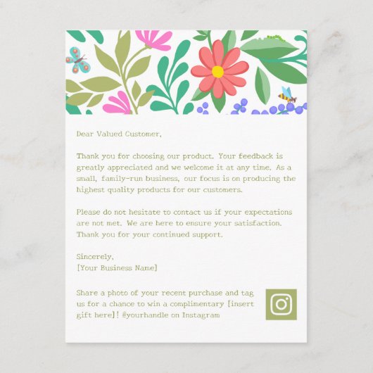 Schattigee Floral Natuur Bedankt voor uw aankoop Informatiekaartje (Achterkant)