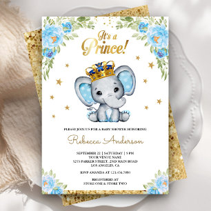 Schattigee Floral Prince Elephant Baby shower Kaart