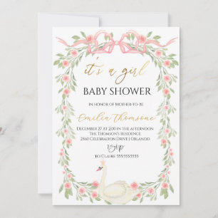 Schattigee Floral Swan Blush Pink Ribbon Baby show Kaart