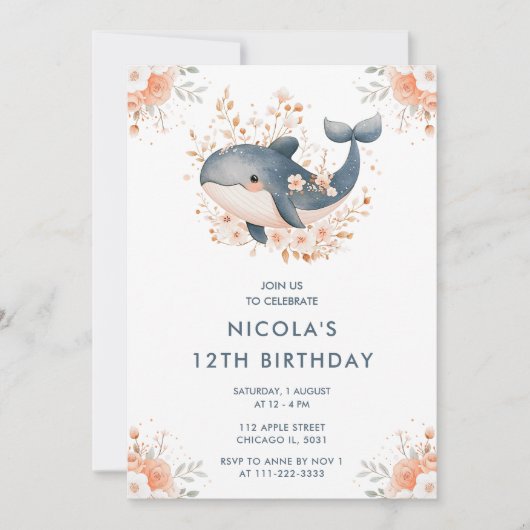 Schattigee Floral Whale verjaardagsfeestje Kaart (Voorkant)