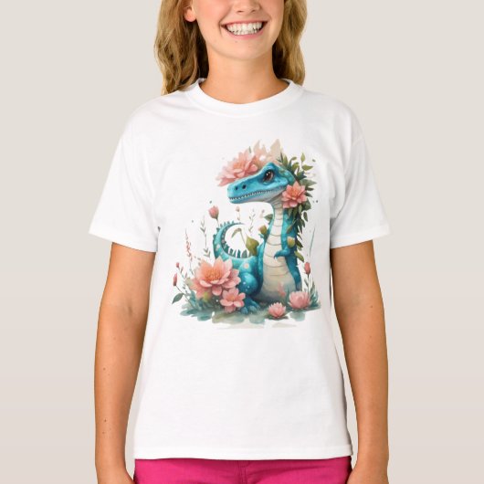 Schattigee Florale dinosaurus T-shirt (Voorkant)