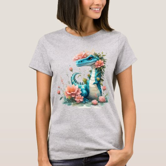 Schattigee Florale dinosaurus T-shirt (Voorkant)