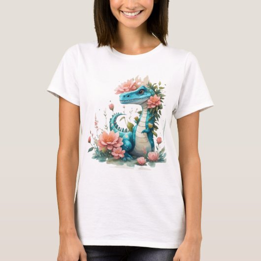 Schattigee Florale dinosaurus T-shirt (Voorkant)