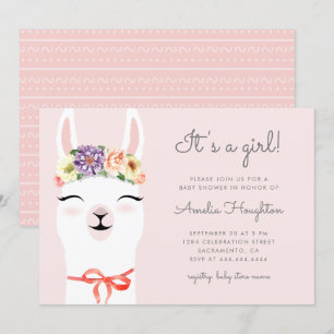 Schattigee Flower Crown & Llama Girl Baby shower Kaart