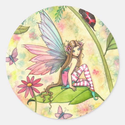 Schattigee Flower Fairy en lieveheersbeestje in tu Ronde Sticker (Voorkant)
