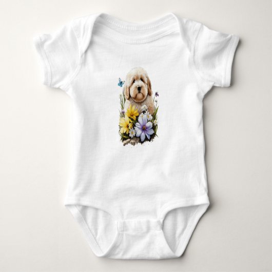 Schattigee Fluffy Puppy Dog met Bloemen Romper (Voorkant)
