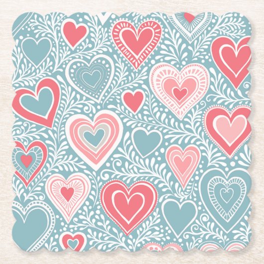 Schattigee Folk Bloemen Hart Dusty Blue Blush Pink Kartonnen Onderzetters (Voorkant)