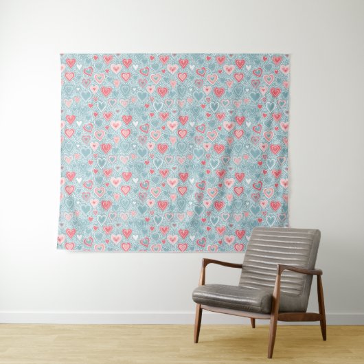 Schattigee Folk Bloemen Hart Dusty Blue Blush Pink Wandkleed (In Situ (horizontaal))