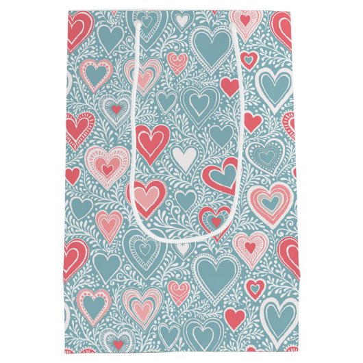 Schattigee Folk Bloemen Hart Stoffig Blauw Roze Ba Medium Cadeauzakje (Achterkant)