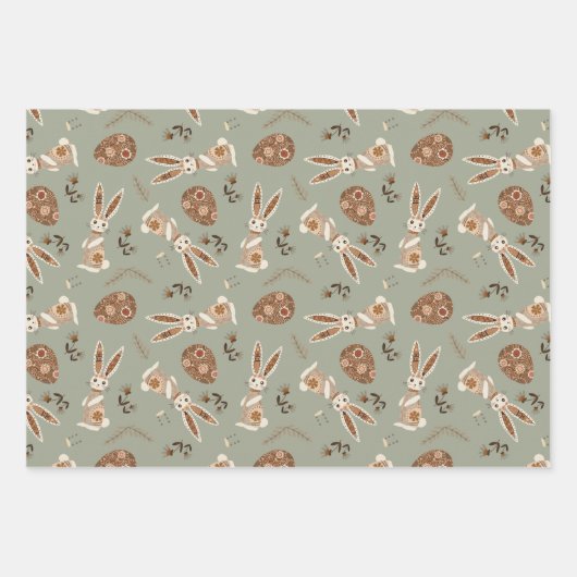 Schattigee Folk Bunny Egg Easter Pattern Fun Inpakpapier Vel (Voorkant)