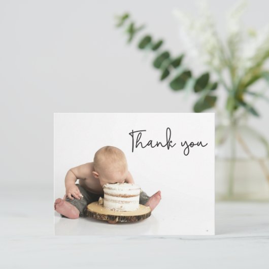 Schattigee foto Baby Boy 1e Verjaardag Dank u Briefkaart (Staand voorkant)