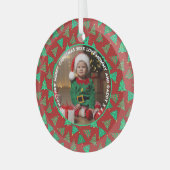 Schattigee foto en groene kerstbomen | Rode naam Glas Ornament (Voorkant links)